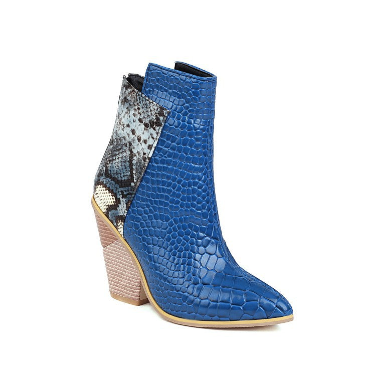 40-48 Coffee Rain Women's Boots Snake Print Colorblock High Heel Ladies Short Boots