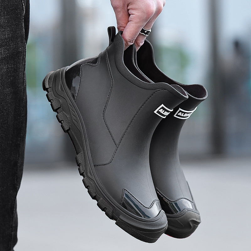 Urban Men's Short-Cuff Black Rain Boots, Waterproof and Slip-Resistant Water Shoes, Khaki Rubber Boots for City Outdoor Use