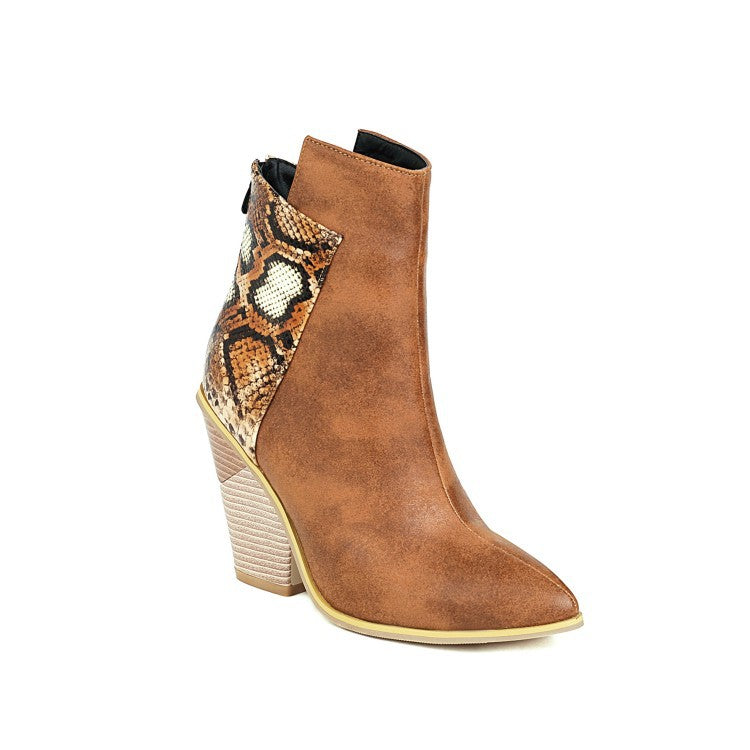 40-48 Coffee Rain Women's Boots Snake Print Colorblock High Heel Ladies Short Boots