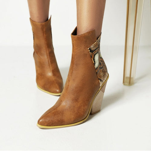 40-48 Coffee Rain Women's Boots Snake Print Colorblock High Heel Ladies Short Boots