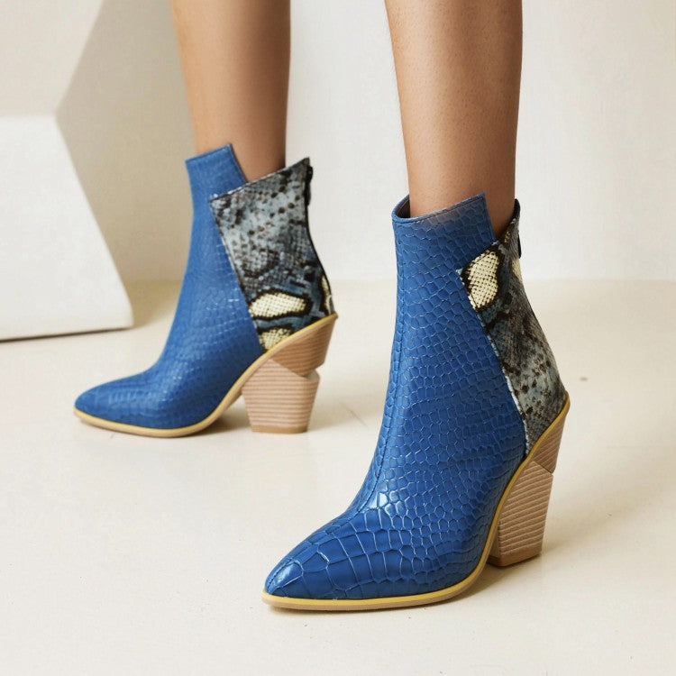 40-48 Coffee Rain Women's Boots Snake Print Colorblock High Heel Ladies Short Boots