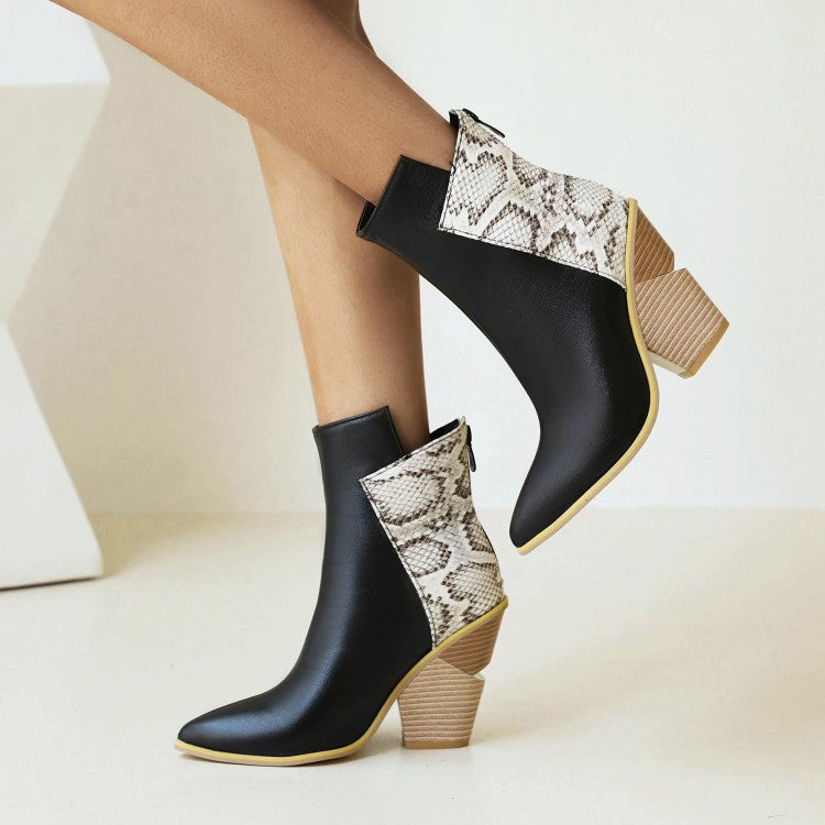 40-48 Coffee Rain Women's Boots Snake Print Colorblock High Heel Ladies Short Boots