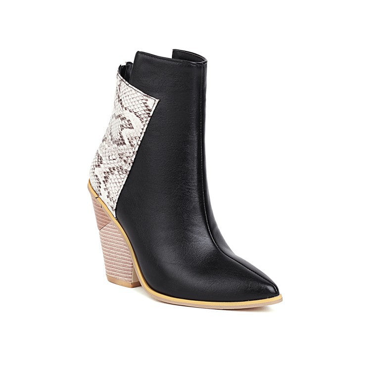 40-48 Coffee Rain Women's Boots Snake Print Colorblock High Heel Ladies Short Boots