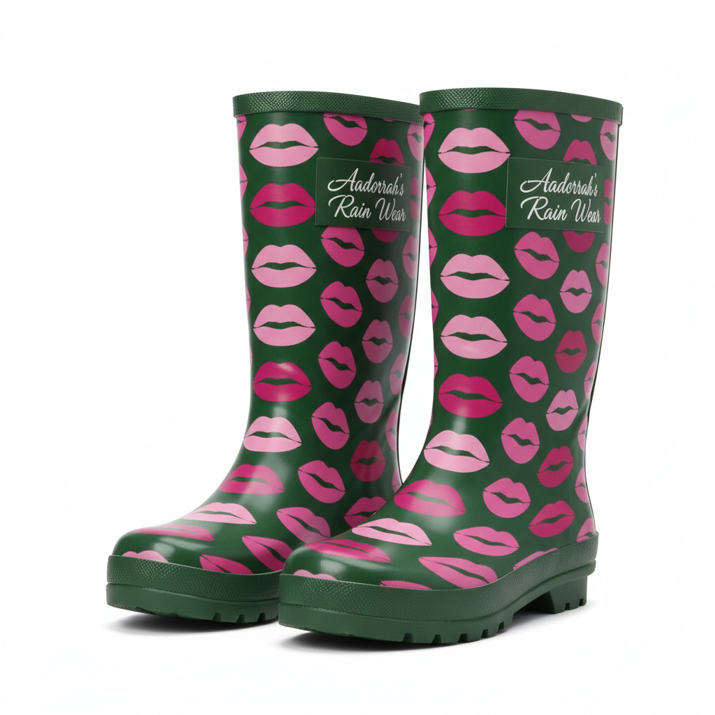 Forest green graphic rain boots with lips print and Aadorrah's Rain Wear fancy cursive logo