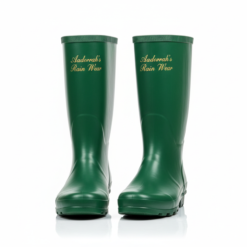Forest green solid rain boots with Aadorrah's Rain Wear fancy cursive logo