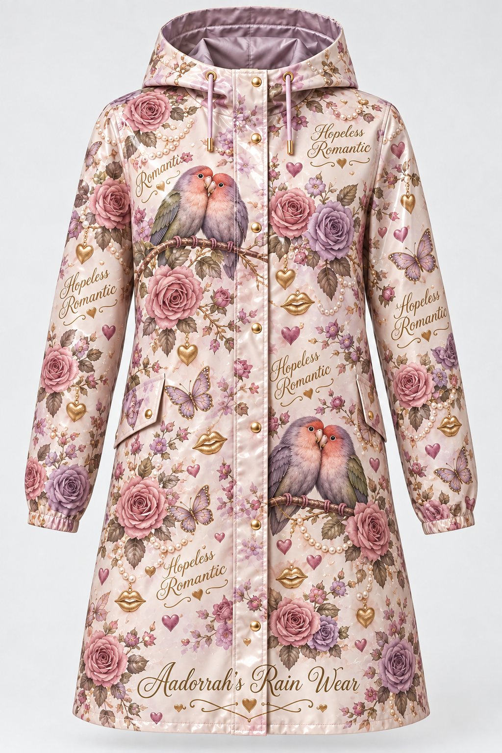 Hopeless Romantic Lovebirds Script Rain Coat - Ghost Mannequin