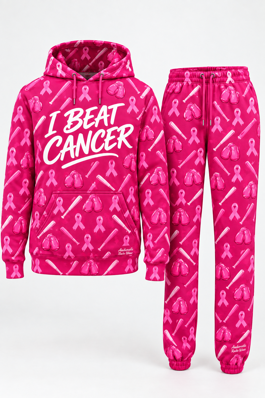 Hot pink all-over sweat suit with ribbons, boxing gloves, and baseball bats