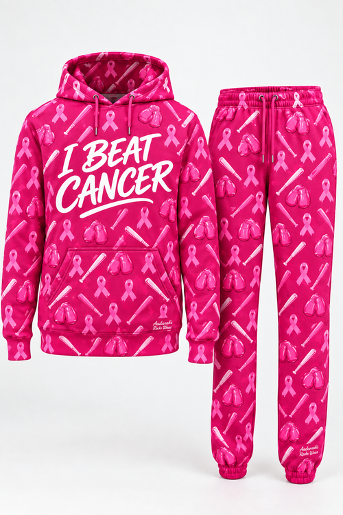 Hot pink all-over sweat suit with ribbons, boxing gloves, and baseball bats