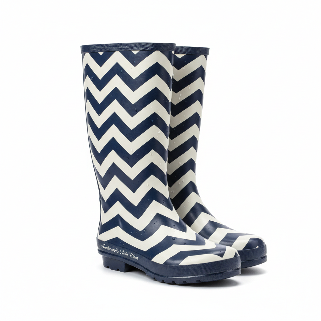 Chevron Rain Boots Navy Blue and White