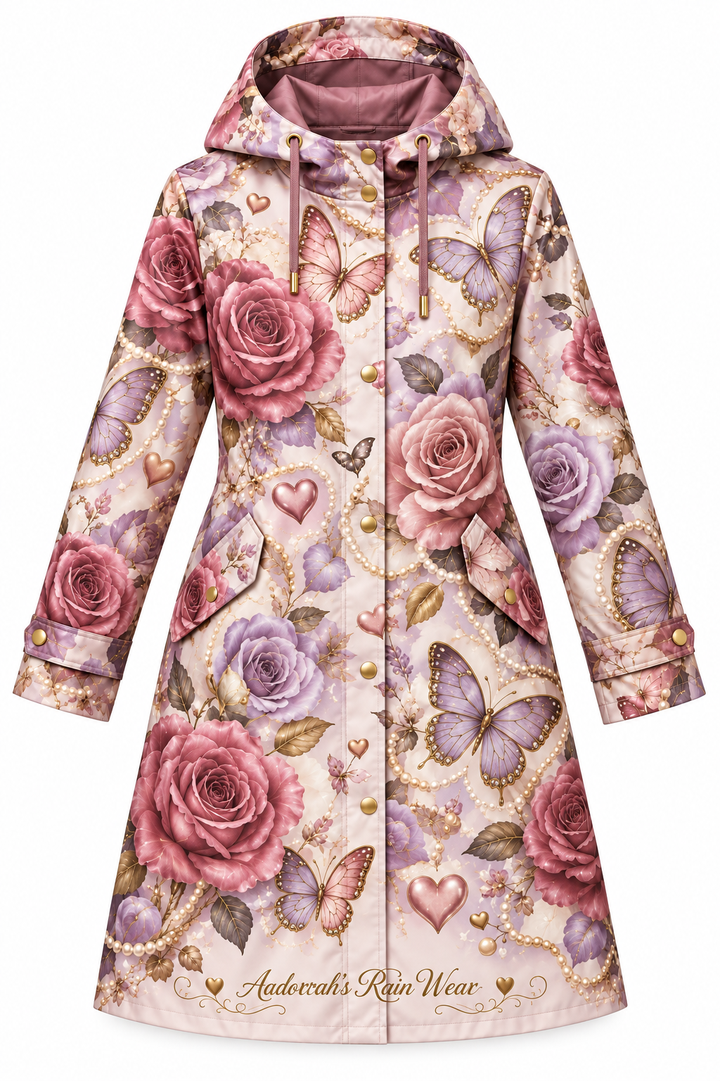 Hopeless Romantic Rain Coat flat lay with roses, butterflies, pearls and gold lip charms
