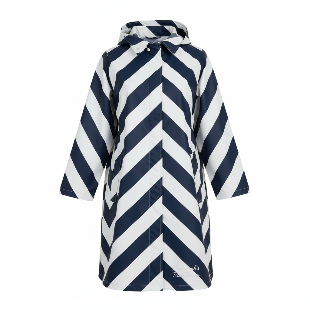 Chevron Rain Coat Navy Blue and White