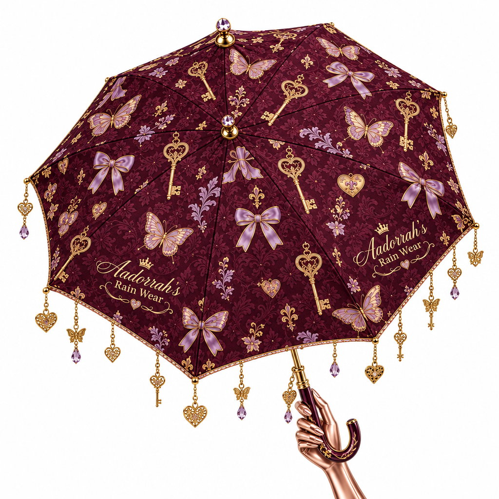 Lucky Charm Canopy Umbrella held by rose gold mannequin with dangling gold charms