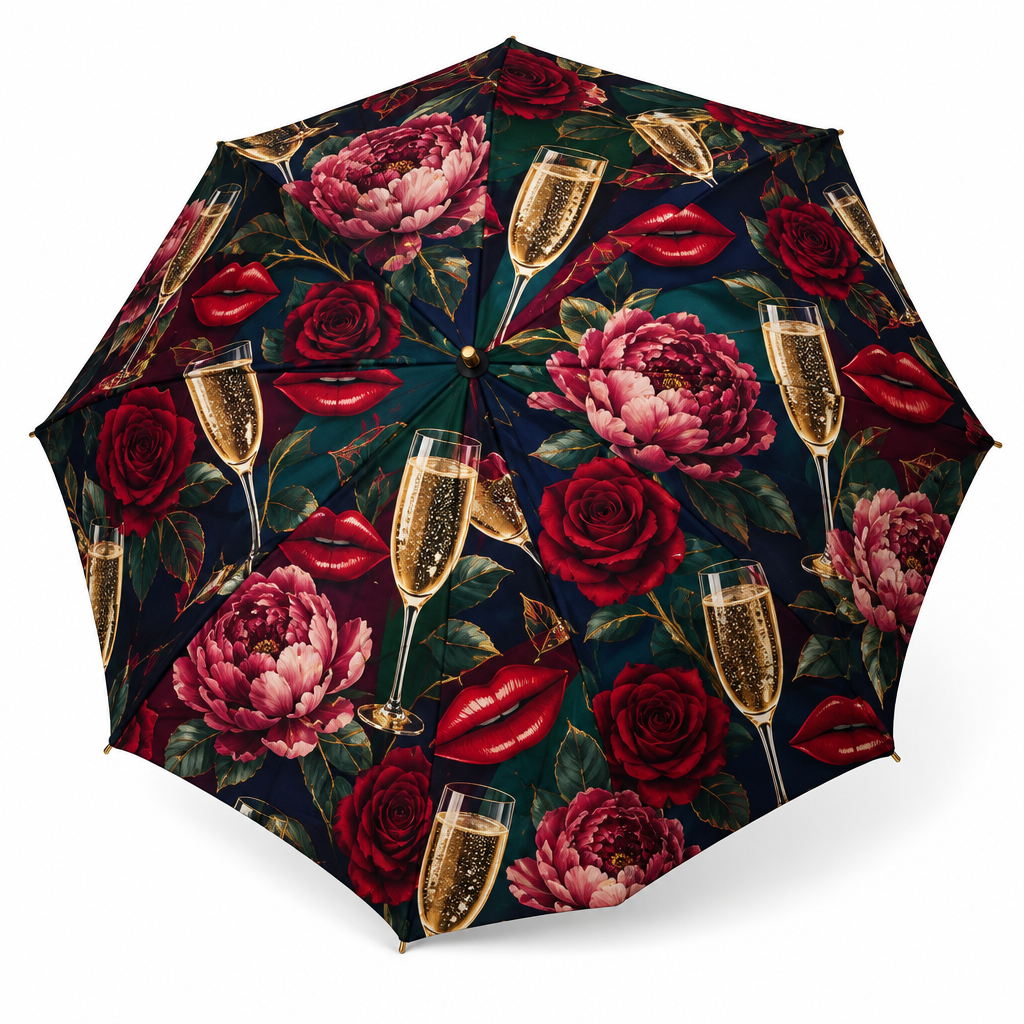 Single and Ready to Mingle Canopy Umbrella with champagne glasses, flowers and lips print in jewel tones