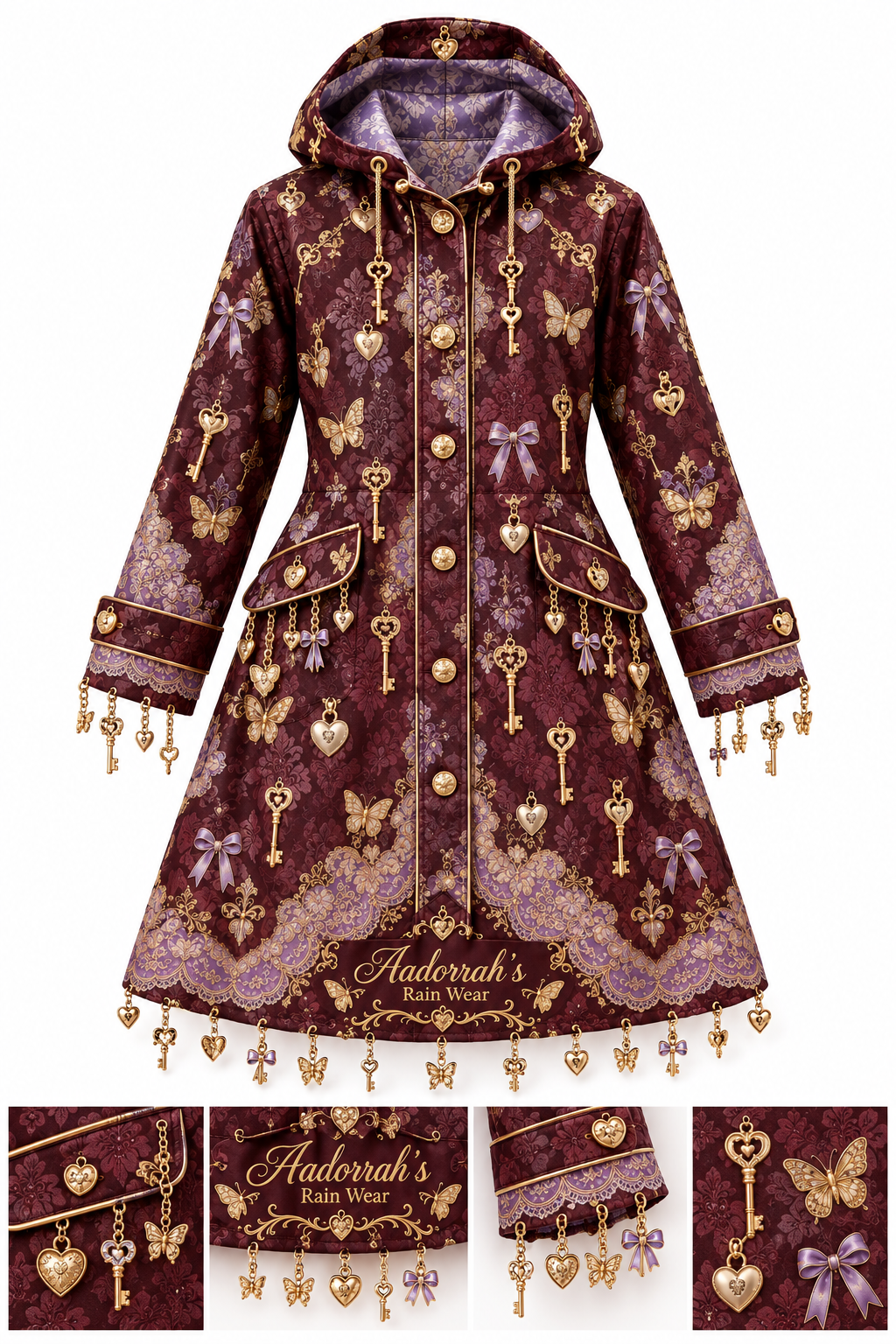 Lucky Charm Rain Coat with Dangling Charms - Flat Lay