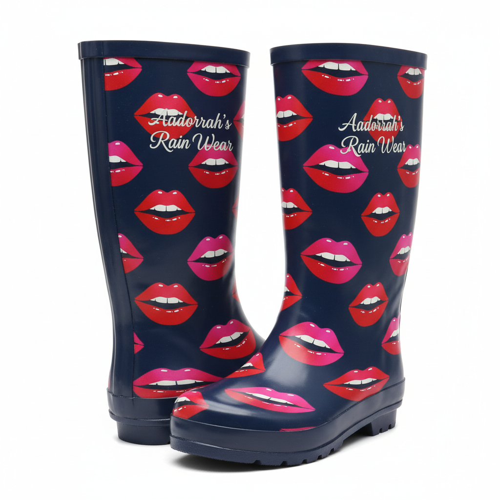 Navy blue graphic rain boots with lips print and Aadorrah's Rain Wear fancy cursive logo