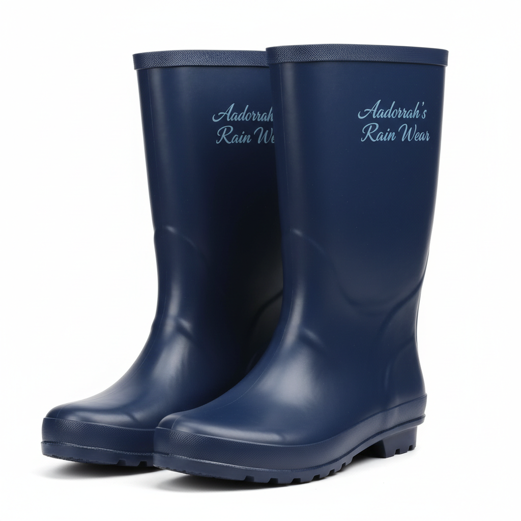 Navy blue solid rain boots with Aadorrah's Rain Wear fancy cursive logo