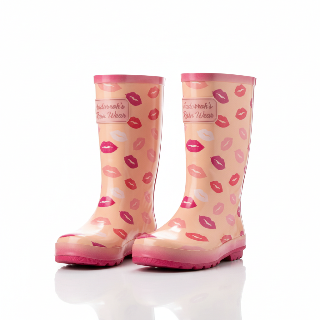 Peach graphic rain boots with lips print and Aadorrah's Rain Wear fancy cursive logo