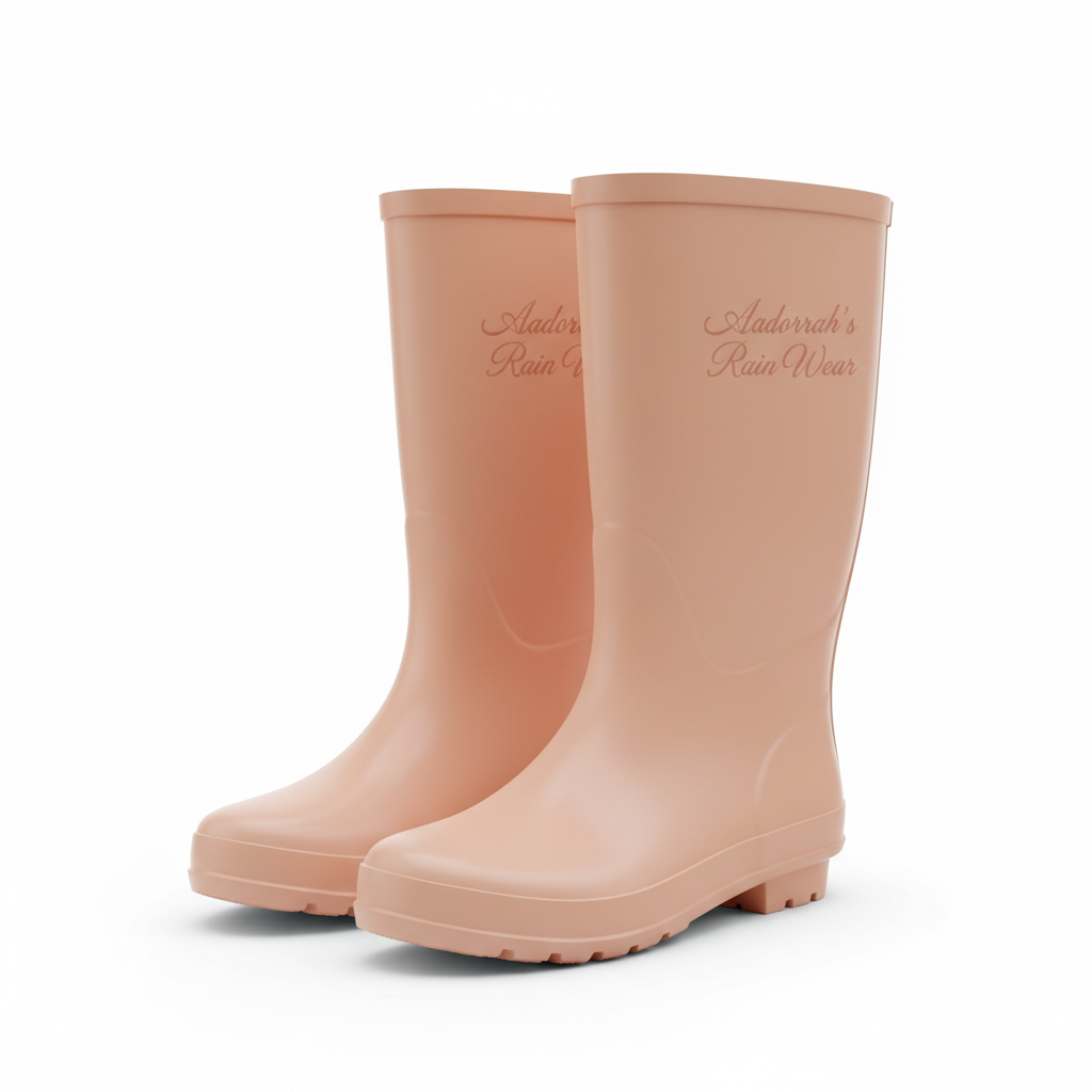 Peach solid rain boots with Aadorrah's Rain Wear fancy cursive logo