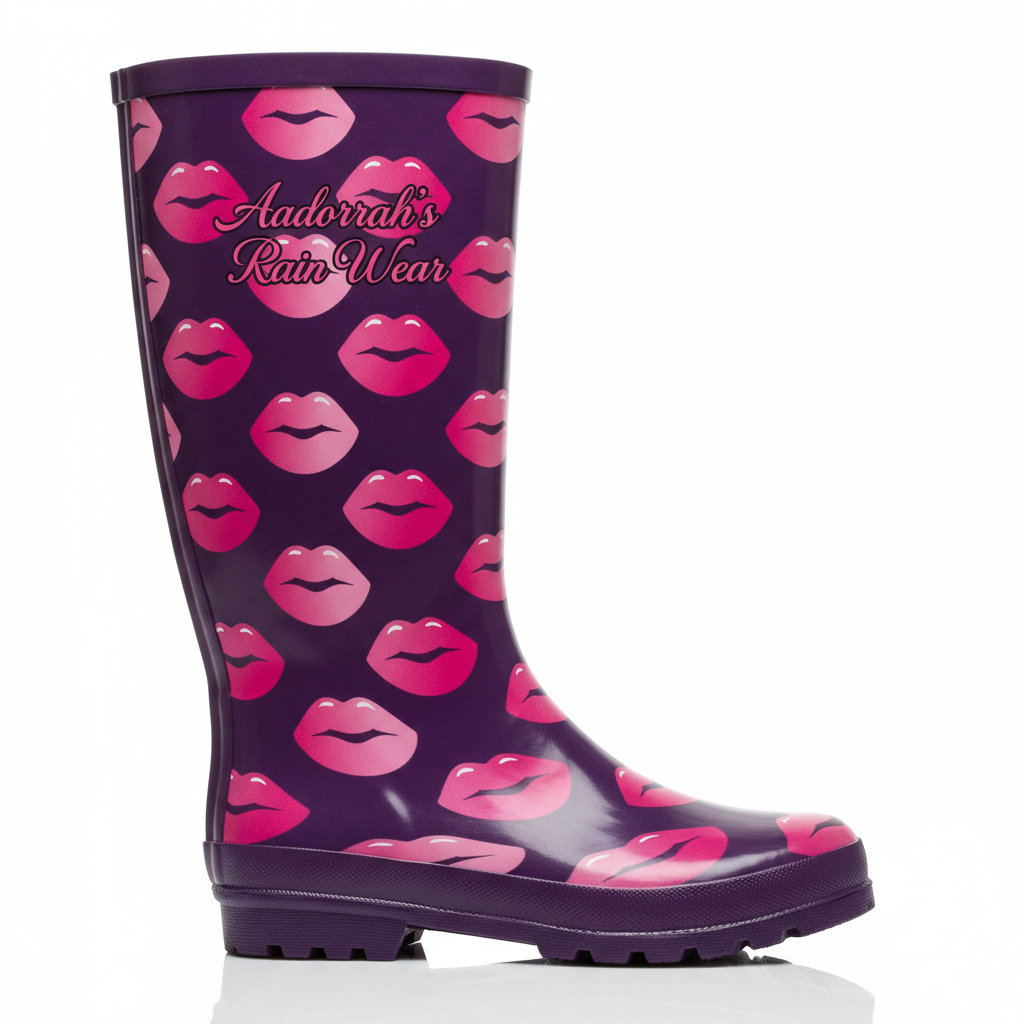 Purple graphic rain boots with lips print and Aadorrah's Rain Wear fancy cursive logo
