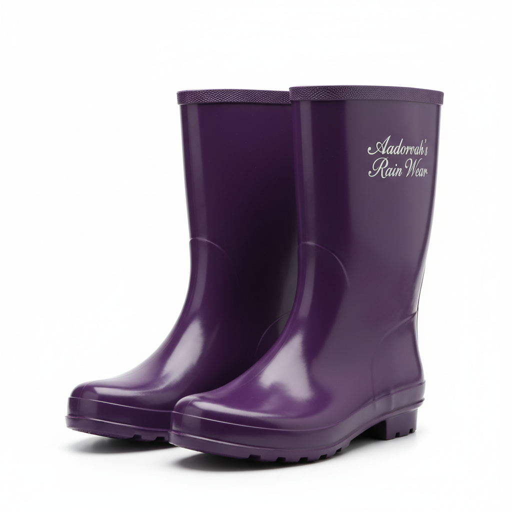 Purple solid rain boots with Aadorrah's Rain Wear fancy cursive logo