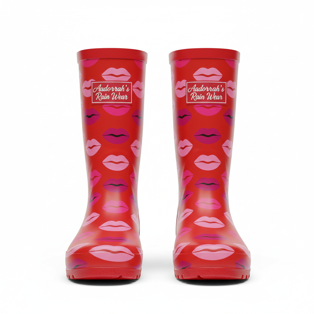 Red graphic rain boots with lips print and Aadorrah's Rain Wear fancy cursive logo
