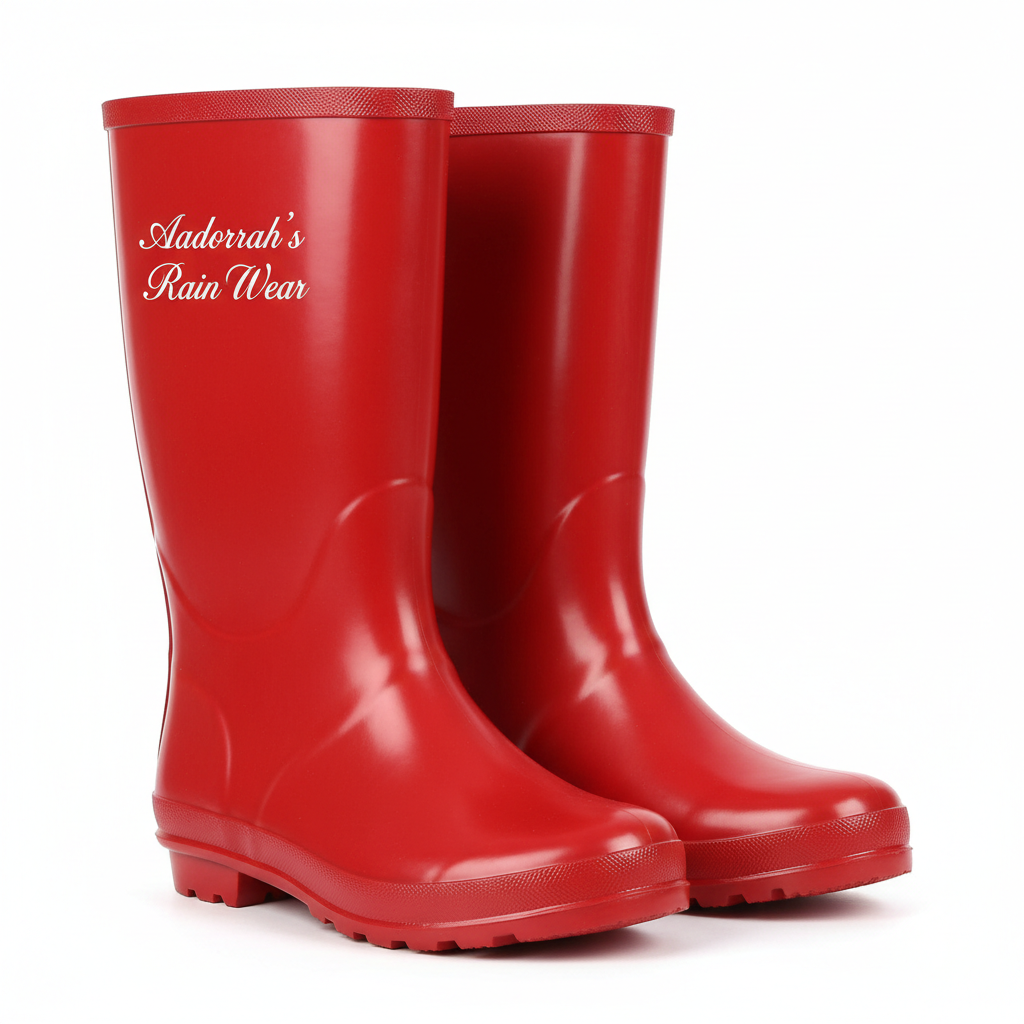 Red solid rain boots with Aadorrah's Rain Wear fancy cursive logo