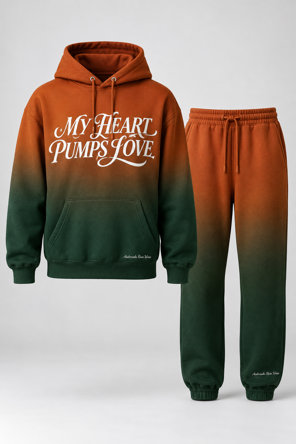 Rust and green ombré sweat suit with MY HEART PUMPS LOVE text