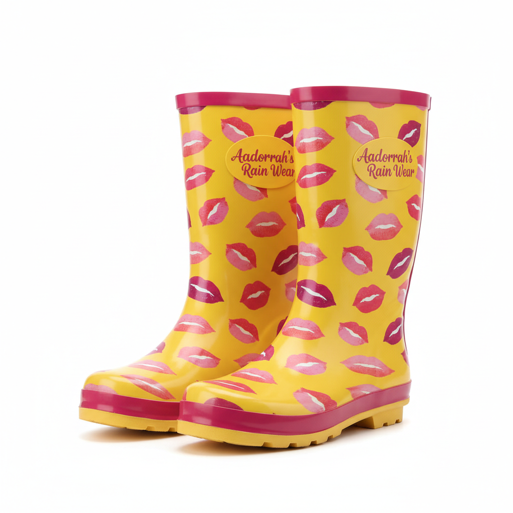 Yellow graphic rain boots with lips print and Aadorrah's Rain Wear fancy cursive logo