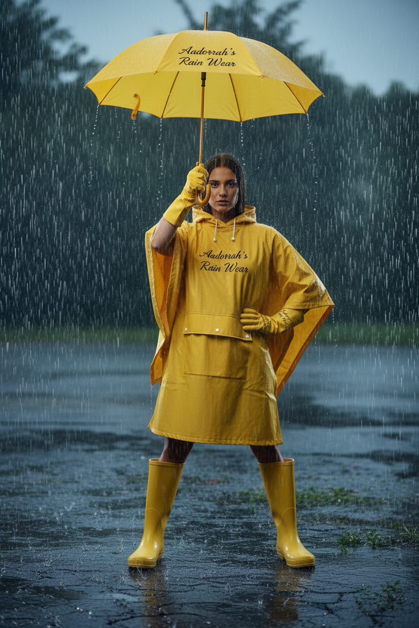 Yellow solid rain boots with Aadorrah's Rain Wear fancy cursive logo